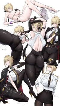 1girl absurdres ass back bare_shoulders bikini black_bikini black_gloves black_jacket black_pants blonde_hair blush breasts chest_harness choker collared_shirt earrings elbow_gloves evelyn_chevalier gloves hair_ornament harness high-waist_pants highres jacket jacket_on_shoulders jewelry kicking large_breasts looking_at_viewer looking_back medium_hair multiple_views necktie pants purple_eyes shiroshisu shirt sleeveless sleeveless_shirt swimsuit thighs tight_clothes tight_pants white_shirt zenless_zone_zero