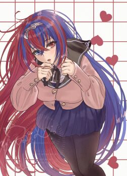 1girl alternate_costume black_pantyhose blue_eyes blue_hair blue_skirt crossed_bangs female_alear_(fire_emblem) fire_emblem fire_emblem_engage hair_between_eyes heterochromia highres long_hair looking_at_viewer multicolored_hair nekoyashiki_08 nintendo pantyhose pleated_skirt red_eyes red_hair skirt solo split-color_hair two-tone_hair very_long_hair