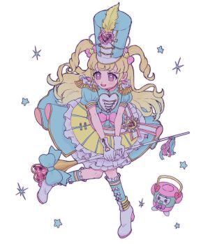 1girl :d absurdres band_uniform blonde_hair blue_dress boots bow cle_423 commentary_request dress epaulettes full_body hat highres idol_clothes idol_time_pripara long_hair looking_to_the_side marching_band_baton open_mouth pink_bow pretty_series pripara puffy_short_sleeves puffy_sleeves purple_eyes rice_cooker ringlets shako_cap short_sleeves smile solo sparkle standing star_(symbol) takki_(pripara) two_side_up white_background white_boots yumekawa_yui