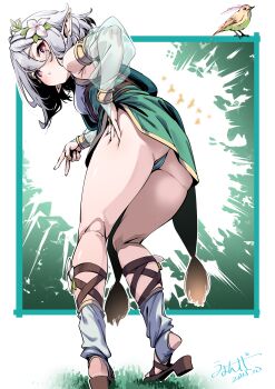 Rule 34 | 1girl, absurdres, antenna hair, bare shoulders, blush, breasts, dress, elf, flower, green dress, green panties, green sleeves, grey hair, hair flower, hair ornament, highres, kokkoro (princess connect!), looking at viewer, looking back, open mouth, panties, pointy ears, princess connect!, red eyes, see-through clothes, see-through sleeves, short hair, sleeveless, sleeveless dress, small breasts, solo, umyonge (lkakeu), underwear, v, white flower