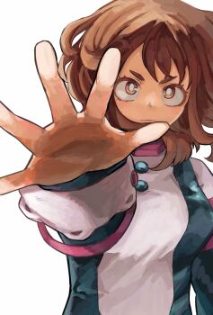 1girl black_bodysuit blush_stickers blxssverse bodysuit boku_no_hero_academia breasts brown_eyes brown_hair closed_mouth female_focus hero_outfit_(mha) highres looking_at_viewer matching_hair/eyes medium_breasts multicolored_bodysuit outstretched_hand pink_bodysuit short_hair sidelocks solo superhero_costume uraraka_ochako uraraka_ochako_(hero_outfit) white_background white_bodysuit