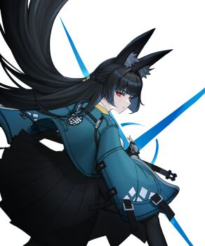 1girl absurdres animal_ear_fluff animal_ears black_hair black_skirt blue_jacket closed_mouth commentary db_(geuze) fox_ears fox_girl highres holding holding_sword holding_weapon hoshimi_miyabi jacket looking_at_viewer pleated_skirt red_eyes skirt solo sword weapon zenless_zone_zero