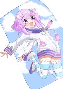 1girl cloud cloudy_sky cpu_(neptunia) d-pad d-pad_hair_ornament female_focus hair_ornament highres matching_hair/eyes neptune_(neptunia) neptune_(series) open_mouth panties parka purple_eyes purple_hair short_hair sky striped_clothes striped_legwear striped_panties underwear