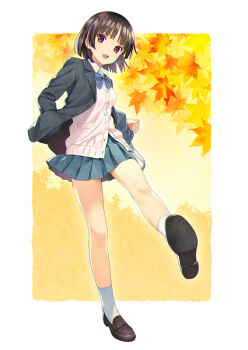 1girl :d black_jacket blazer blue_bow blue_bowtie blue_skirt bob_cut bow bowtie brown_hair brown_shoes cardigan collared_shirt commentary_request full_body jacket koutaro loafers open_clothes open_jacket open_mouth original pleated_skirt red_eyes school_uniform shirt shoes short_hair skirt smile socks solo standing standing_on_one_leg teeth tongue upper_teeth_only white_cardigan white_shirt white_socks