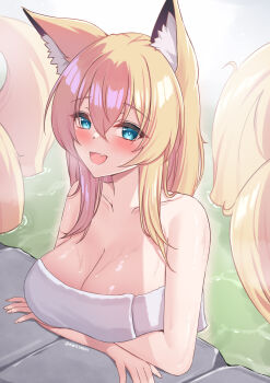 1girl animal_ear_fluff animal_ears arms_under_breasts bathing blonde_hair blue_eyes blush breasts cleavage collarbone commentary commission english_commentary fang fox_ears fox_girl highres large_breasts long_hair maru.selinn multiple_tails naked_towel open_mouth original skin_fang solo tail towel twitter_username