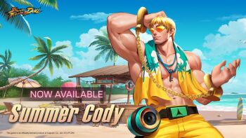 beach belt bird chain cloud coconut_tree cody_travers cuffs deck_chair english_text final_fight folding_chair handcuffs highres jewelry key muscular muscular_male necklace ocean official_alternate_costume official_art palm_tree seagull sky speaker street_fighter street_fighter:_duel sunglasses surfboard towel tree umbrella