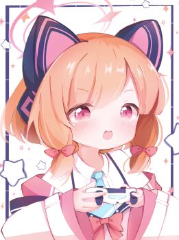 1girl absurdres animal_ear_headphones animal_ears blonde_hair blue_archive blue_necktie blush bow cat_ear_headphones cat_ears collared_shirt commentary_request controller dualshock fake_animal_ears game_controller gamepad hair_bow halo headphones highres holding holding_controller holding_game_controller jacket long_sleeves looking_at_viewer low-tied_sidelocks momoi_(blue_archive) multicolored_jacket necktie off_shoulder open_mouth parted_bangs pink_eyes pink_halo pink_jacket playstation_controller red_bow shirt short_hair sidelocks smile solo sparkle star_(symbol) star_symbol_background suspenders upper_body vonvondx white_background white_jacket white_shirt wide_sleeves