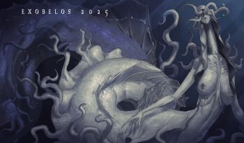 absurdly_long_tail absurdres bloodborne breasts breasts_apart commentary eldritch_abomination english_commentary exobelos fins highres kos_(bloodborne) long_arms long_fingers long_neck monster_girl nipples pale_skin parted_lips sagging_breasts tail tentacles underwater