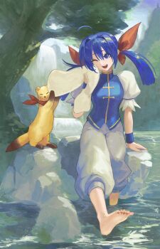 1girl ;d absurdres ahoge baggy_pants barefoot blue_eyes blue_hair commentary_request drying fatal_fury feet ferret futaba_hotaru garou:_mark_of_the_wolves hair_between_eyes hair_ribbon highres holding holding_towel itokatsu_(garou) long_hair low_twintails nature one_eye_closed open_mouth outdoors pants puffy_short_sleeves puffy_sleeves ribbon river rock ryo_yo_shi short_sleeves sitting smile soaking_feet soles solo toes towel tree twintails wading water waterfall white_pants wristband