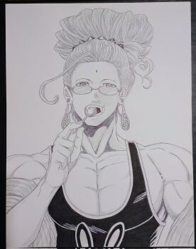 1boy animal_print bindi buddha_(shuumatsu_no_valkyrie) candy collarbone crown crown_hair_ornament crown_ornament ear_piercing earrings facial_mark fangs food forehead_mark glasses greyscale hair_bun half-closed_eyes hand_up highres holding holding_candy holding_food holding_lollipop jewelry lollipop long_hair looking_at_viewer loose_hair_strand male_focus monochrome muscular muscular_male open_mouth pectoral_cleavage pectorals piercing rabbit_print robe shuumatsu_no_valkyrie solo tank_top teeth toned toned_male upper_body