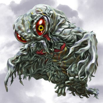 1other cloud cloudy_sky colored_sclera colored_skin day flying giant giant_monster godzilla_(series) godzilla_vs._hedorah grey_skin hedorah igunuk kaiju looking_at_viewer monster no_hands no_mouth outdoors red_sclera sky solo tail tendril toho tokusatsu veins yellow_eyes