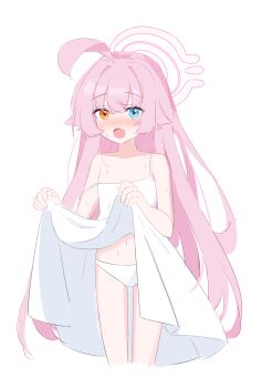 1girl absurdres ahoge blue_archive blue_eyes blush breasts cleavage clothes_lift collarbone commentary_request cowboy_shot cropped_legs crossed_bangs dress dress_lift fang full-face_blush hair_between_eyes hair_flaps halo heterochromia highres hoshino_(blue_archive) huge_ahoge lifting_own_clothes lmg7811 long_hair looking_at_viewer navel open_mouth orange_eyes panties pink_hair pink_halo sidelocks simple_background solo spaghetti_strap stomach sundress sweat underwear very_long_hair white_background white_dress white_panties