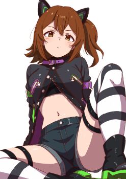 Rule 34 | 1girl, absurdres, animal ears, black boots, black jacket, blush, boots, brown eyes, brown hair, cat ears, collar, commentary request, denim, denim shorts, frown, garter straps, highres, idolmaster, idolmaster million live!, jacket, kasuga mirai, leaning back, looking at viewer, midriff, niwatorimushi, on ground, purple collar, short hair, short shorts, shorts, side ponytail, sitting, solo, spread legs, striped clothes, striped thighhighs, thighhighs, white background, zipper