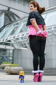 ass brown_hair capcom cosplay mega_man_(series) mega_man_legends_(series) pantyhose photo_(medium) platform_heels servbot_(mega_man) tron_bonne_(mega_man) tron_bonne_(mega_man)_(cosplay)