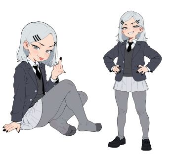 Rule 34 | 1girl, absurdres, bingbingzi, black nails, black necktie, black shirt, black vest, closed mouth, commentary request, forehead, full body, grey hair, grey pantyhose, hair ornament, hairpin, hands on own hips, highres, medium hair, necktie, no shoes, original, pantyhose, pleated skirt, shirt, simple background, sitting, skirt, smile, standing, sweater vest, vest, white background, white shirt, white skirt