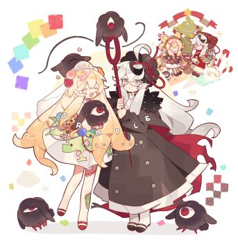 2girls :d ^_^ absurdres ahoge black_dress black_hairband black_shoes blonde_hair blush_stickers chibi closed_eyes creature crossed_bangs double-parted_bangs dress frilled_dress frills full_body grey_eyes grey_hair hair_between_eyes hairband highres long_hair long_sleeves meimei_(wakamoid) multiple_girls multiple_views open_mouth original parted_lips patchwork_skin red_shoes sample_watermark shoes smile standing watermark white_dress