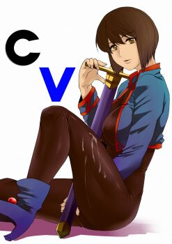 1girl black_hair breasts brown_eyes chloe_valens cholesenel commentary_request dated hat highres large_breasts lips looking_at_viewer open_mouth short_hair skin_tight solo suggestive_fluid sword tales_of_(series) tales_of_legendia weapon white_background