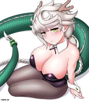 1girl alternate_costume asymmetrical_hair black_leotard black_pantyhose braid braided_ponytail breasts commentary_request cypress_(hinokidou) detached_collar dragon_horns dragon_tail highres horns kantai_collection large_breasts leotard long_hair looking_at_viewer pantyhose revision shikigami simple_background single_braid sitting solo strapless strapless_leotard tail unryuu_(kancolle) very_long_hair wavy_hair white_background white_hair white_wrist_cuffs wrist_cuffs yellow_eyes