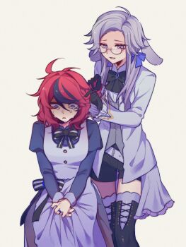 Rule 34 | 2boys, 2girls, ahoge, alternate costume, animal ears, aotsuki eito, belt, black boots, black bow, black bowtie, black gloves, black hair, black shorts, blue dress, blue eyes, blue ribbon, boots, borrowed design, bow, bowtie, braiding another's hair, brooch, buttons, chinese commentary, coat, commentary request, crying, crying with eyes open, diamond brooch, dress, e880444865, film grain, frilled sleeves, frills, frown, genderswap, genderswap (mtf), glasses, gloves, grey eyes, grey hair, grey thighhighs, grey vest, hair between eyes, hair ribbon, highres, jewelry, juliet sleeves, kemonomimi mode, lace-up boots, long hair, long sleeves, lop rabbit ears, medium hair, multicolored hair, multiple boys, multiple girls, open clothes, open coat, open mouth, own hands together, puffy sleeves, rabbit ears, red hair, ribbon, ring, round eyewear, shirt, shorts, simple background, sitting, smile, streaked hair, sumino takumi, tears, the hundred line -last defense academy-, thigh boots, thighhighs, two-tone hair, variant set, vest, white background, white belt, white coat, white shirt, wide-eyed