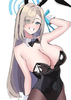 1girl absurdres animal_ear_hairband animal_ears asuna_(blue_archive) asuna_(bunny)_(blue_archive) bare_shoulders black_bow black_bowtie black_leotard blonde_hair blue_archive blue_eyes blue_halo blush bow bowtie breasts cleavage covered_navel detached_collar eyes_visible_through_hair fake_animal_ears grin hair_over_one_eye hairband halo highres large_breasts leotard long_hair looking_at_viewer mole mole_on_breast nakano_kura pantyhose rabbit_ear_hairband rabbit_ears smile solo very_long_hair white_background wrist_cuffs