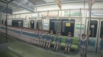 6+girls blue_shirt blue_skirt blush blush_stickers braid bright_pupils brown_eyes brown_footwear brown_hair child clone closed_mouth door expressionless flat_chest full_body glitch green_neckerchief hand_grip indoors invisible_chair kneehighs long_sleeves matching_hair/eyes miniskirt multiple_girls neckerchief noclip original pleated_skirt sailor_collar school_uniform seat serafuku shirt short_hair short_twintails sitting skirt socks tensen_(dotted_line) train_interior twin_braids twintails what white_pupils white_sailor_collar white_socks window