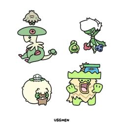 animated artist_name audible_music breloom budew closed_mouth colored_skin commentary_request cottonee curled_horns dark_skin evolutionary_line gen_3_pokemon gen_4_pokemon gen_5_pokemon green_skin horns jumping leaf lotad ludicolo nintendo no_humans pokemon pokemon_(creature) roserade shroomish simple_background sitting sound tagme usgmen video whimsicott white_background