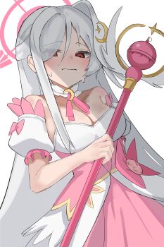 1girl absurdres alternate_breast_size_(larger) bare_shoulders blue_archive blush bow breasts bustier cleavage commentary_request daily_time detached_collar detached_sleeves dutch_angle from_below hair_over_one_eye halo head_wings highres holding holding_wand large_breasts long_hair looking_at_viewer official_alternate_costume pink_bow pink_halo red_eyes shy single_head_wing solo suzumi_(blue_archive) suzumi_(magical)_(blue_archive) sweat underbust very_long_hair wand white_background white_hair wings