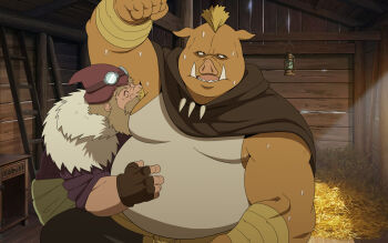 2boys ^_^ animal_ears arm_up averting_eyes bara beard belly_chain blonde_hair boar_ears cape closed_eyes cowboy_shot dwarf face_in_armpit facial_hair fat fat_man fingerless_gloves foreplay full_beard furry furry_male furry_with_non-furry geld_(tensura) gloves goggles goggles_on_head highres ink_(ink0000) interspecies jewelry kaijin_(tensura) large_pectorals male_focus mature_eyes mature_male multiple_boys old old_man paid_reward_available pectorals short_hair sidepec slime_(substance) smelling smelling_armpit sweat tensei_shitara_slime_datta_ken thick_beard tusks very_sweaty yaoi