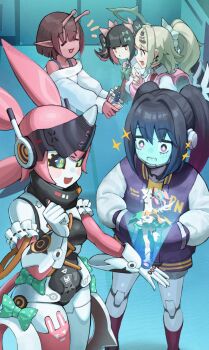 5girls angels_of_delusion aria_(zenless_zone_zero) arm_warmers bandaid bandaid_hair_ornament blue_skin bow colored_inner_hair colored_skin commentary dress earrings green_bow green_eyes hair_intakes hair_ornament halo highres humanoid_robot jewelry joints kujo_chiharu kurusu_makina_(milky_galactic_universe) matsuhisa_(ryo-tsuda1) mechanical_ears milky_subway multicolored_hair multiple_girls multiple_hair_clips musical_note_earrings nangong_yu open_mouth pink_arm_warmers pink_bag ponytail red_eyes red_skin robot robot_girl robot_joints smile sparkle striped_arm_warmers sunna_(zenless_zone_zero) twintails white_dress zenless_zone_zero