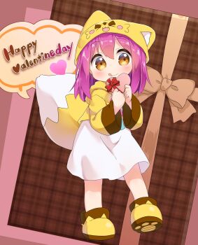 Rule 34 | 1girl, :p, blush, brown eyes, dress, female focus, fox hat, fox tail, gift, happy valentine, highres, long hair, nipeira, original, paw shoes, purple hair, shoes, solo, tail, tongue, tongue out, valentine, yuzuwa-chan