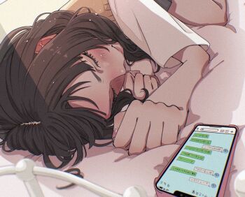 1girl black_skirt blurry blush brown_hair cellphone chat_log chromatic_aberration clenched_hands closed_eyes collared_shirt depth_of_field film_grain flustered from_above hands_up knee_up line_(naver) lying medium_hair nail_polish on_bed on_stomach original phone pink_nails school_uniform shirt short_sleeves skirt smartphone sweater_vest tamori_(tamori_www) text_messaging white_shirt