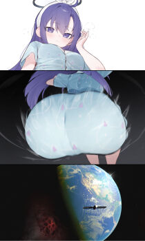 100kg_(meme) 1girl ass blue_archive blue_halo blue_pajamas blue_shirt blue_shorts breasts closed_mouth commentary earth_(planet) english_commentary halo highres large_breasts long_hair looking_at_viewer mechanical_halo meme official_alternate_costume pajamas planet purple_eyes purple_hair red_pupils shirt shorts theflatfacadeds yuuka_(blue_archive) yuuka_(pajamas)_(blue_archive)