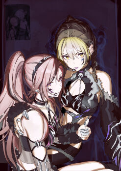 2girls absurdres black_hair blonde_hair braid breasts brown_eyes brown_hair cleavage commentary crop_top earrings hand_on_another's_back highres higuchi_madoka idolmaster idolmaster_shiny_colors idolmaster_shiny_colors_song_for_prism ikaruga_luca jewelry long_hair multicolored_hair multiple_girls official_alternate_costume official_alternate_hairstyle ponytail sharp_teeth sidelocks teeth twin_braids two-tone_hair uouokuma yellow_eyes