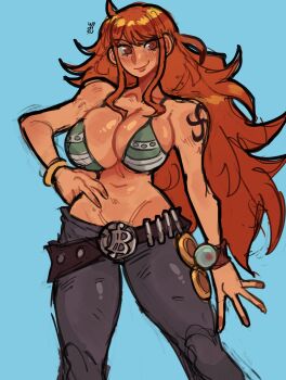 1girl absurdres arm_tattoo belt belt_buckle bikini black_belt black_pants blue_background bracelet breasts buckle cleavage closed_mouth commentary cowboy_shot green_bikini hand_on_own_hip highres jewelry large_breasts long_hair looking_at_viewer nami_(one_piece) one_piece orange_eyes orange_hair pants simple_background smile solo swept_bangs swimsuit tattoo widisu