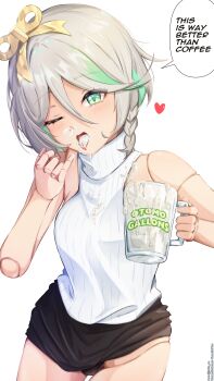 1girl absurdres black_shorts cecilia_immergreen commission commissioner_upload cum cum_bubble cum_in_container cum_in_mouth cum_on_clothes cumdrip doll_joints english_text glass gokkun green_eyes green_hair heart highres hololive hololive_english joints non-web_source one_eye_closed shorts snot solo speech_bubble sweater takoroki virtual_youtuber white_hair white_sweater winding_key