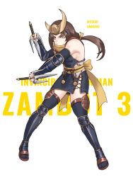 Rule 34 | 1girl, armor, brown hair, chinese commentary, commentary request, crescent, cross-laced clothes, cross-laced slit, elbow gloves, fingerless gloves, full body, gloves, highres, holding, holding weapon, humanization, japanese armor, jinri shijie, kote, muteki choujin zambot 3, ninja, obi, ponytail, sai (weapon), sash, side slit, solo, suneate, tabi, thighhighs, weapon, yellow eyes, zambot 3