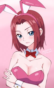 1girl 2025 absurdres animal_ears blue_eyes blush bow bowtie breasts cleavage code_geass dated detached_collar fake_animal_ears film_grain highres kouzuki_kallen large_breasts parted_bangs playboy_bunny rabbit_ears red_hair signature solo tsunemoku wrist_cuffs