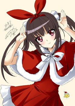 1girl 2022 artist_self-insert black_hair black_ribbon blunt_bangs blush breasts christmas dated dress fur_trim hair_ribbon highres kanna_(plum) long_hair looking_at_viewer numbered painttool_sai_(medium) pink_eyes ribbon senki_zesshou_symphogear shiny_skin signature simple_background small_breasts smile solo tsukuyomi_shirabe twintails white_ribbon