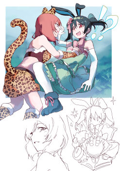 Rule 34 | !?, 2girls, :d, absurdres, animal ears, animal print, bare shoulders, blue boots, boots, bow, commentary request, dress, elbow gloves, eye contact, gloves, green dress, highres, inazuma (elect line), leopard ears, leopard print, leopard tail, looking at another, love live!, love live! school idol project, medium hair, midriff, multiple girls, multiple views, nishikino maki, open mouth, pantyhose, paw shoes, pink bow, print skirt, profile, purple eyes, rabbit ears, red eyes, red hair, skirt, smile, tail, twintails, white gloves, white pantyhose, yazawa nico, yuri