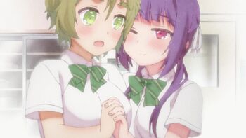 (no-rin) 10s 2girls animated animated_gif blue_hair brown_hair green_eyes kinoshita_ringo lowres multiple_girls nakazawa_minori no-rin purple_eyes school_uniform yuri