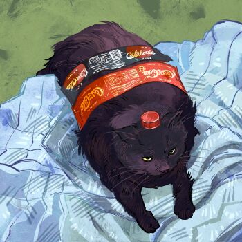 animal animal_focus black_cat cat catwheezie coca-cola commentary derivative_work english_commentary fat highres indoors looking_at_viewer lying no_humans original photo-referenced realistic solo whiskers yellow_eyes