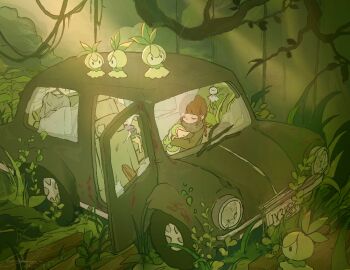 1girl abandoned boots braid branch broken_glass brown_hair car closed_eyes clothes clothes_hanger commentary creature day english_commentary foliage gen_5_pokemon glass holding holding_creature holding_pokemon hug jungle leaf license_plate light_rays long_hair long_sleeves motor_vehicle nature nintendo outdoors petilil plant pokemon pokemon_(creature) rust scarf scenery seoby sitting snivy solo sunbeam sunlight vines wide_shot window