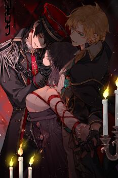 1girl 2boys absurdres aiguillette aqua_eyes aqua_gemstone arm_ribbon ascot ayn_alwyn ayn_alwyn_(infinite_empire) bare_shoulders black_coat black_dress black_gloves black_hair black_shirt blonde_hair boy_sandwich broken broken_chain buttons candelabra candle candlestand chain chinese_commentary coat collared_jacket cowboy_shot curtained_hair detached_collar detached_sleeves diamond_button dress earrings empire_waist epaulettes evil_grin evil_smile facing_up finger_in_another&#039;s_mouth frilled_sleeves frills from_side fur-trimmed_sleeves fur_trim gem gloves grabbing_another&#039;s_chin grin hair_between_eyes hair_over_eyes hair_over_shoulder hand_on_another&#039;s_chin hat heroine_(lovebrush_chronicles) hetero highres holding_hands jacket jewelry lapel_pin lapels lars_rorschach lars_rorschach_(infinite_empire) light_particles long_sleeves looking_at_another looking_at_viewer looking_to_the_side lovebrush_chronicles low_ponytail medium_hair military_hat military_uniform molin multiple_boys necktie notched_lapels open_mouth outstretched_arm pants parted_lips peaked_cap ponytail profile red_background red_eyes red_gemstone red_hat red_necktie red_ribbon ribbon sandwiched shaded_face shirt short_hair sideways_glance sleeve_cuffs smile standing strapless strapless_dress two-tone_dress white_ascot white_dress white_pants white_shirt