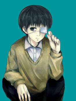 Rule 34 | 1boy, black eyes, black hair, black pants, closed mouth, collared shirt, commentary request, elbow on knee, expressionless, eyepatch, feet out of frame, green background, highres, kaneki ken, male focus, medical eyepatch, one eye covered, pants, shirt, shishi (eai make), short hair, solo, squatting, sweater, tokyo ghoul, very short hair, white shirt, yellow sweater