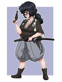 1girl black_hair blue_background blue_eyes blush breasts cleavage closed_mouth collarbone full_body girls_und_panzer glasses gun handgun hashtag-only_commentary holding holding_gun holding_sword holding_weapon japanese_clothes katana kimono large_breasts long_hair looking_at_viewer oryou_(girls_und_panzer) ponytail simple_background smile solo sword takahashi_kurage weapon