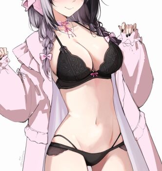 1girl black_bra black_hair black_nails bow bow_bra bra breasts closed_mouth coat commentary cowboy_shot eyes_out_of_frame fingernails hair_bow head_out_of_frame highres hololive hololive_english jewelry large_breasts multicolored_hair nail_polish navel necklace open_clothes open_coat pink_bow pink_coat purple_hair shiori_novella smile solo stomach twitter_username two-tone_hair underwear unfinished yuzureei