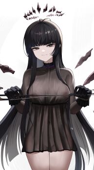 1girl absurdres arknights black_dress black_eyes black_gloves black_hair black_halo blunt_bangs bow_(music) breasts cowboy_shot dark_halo detached_wings dress gamcha gloves groin halo highres long_hair looking_at_viewer nipples no_bra no_panties see-through_clothes see-through_dress sidelocks simple_background smile solo thigh_gap very_long_hair virtuosa_(arknights) white_background wings