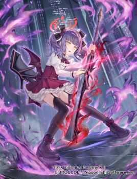 1girl aura black_collar black_shoes black_thighhighs bow collar copyright_notice dark_aura dress footwear_bow hair_bow halo highres holding holding_sword holding_weapon ike_seika mystica_sanctus official_art open_mouth purple_hair red_halo shoes solo sword thighhighs twintails weapon wings yellow_eyes z/x