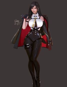 1girl 3d alternate_costume bare_shoulders black_hair black_jacket blender_(medium) breasts brown_eyes cosplay crossover earrings evelyn_chevalier evelyn_chevalier_(cosplay) final_fantasy final_fantasy_vii final_fantasy_vii_remake hashtag-only_commentary highres jacket jacket_on_shoulders jewelry large_breasts lips long_hair looking_at_viewer pink_lips raidenwgt shirt signature simple_background sleeveless sleeveless_shirt solo tifa_lockhart white_shirt zenless_zone_zero