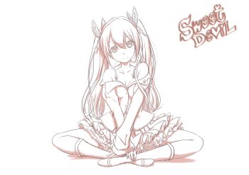 1girl absurdres bra_strap breasts butterfly_hair_ornament cleavage commentary dec_madoka english_commentary frilled_skirt frills full_body hair_ornament hatsune_miku hatsune_miku_(honey_whip) head_tilt highres indian_style long_hair long_sleeves monochrome off_shoulder project_diva_(series) shirt sitting skirt small_breasts smile socks solo song_name sweet_devil_(vocaloid) twintails vocaloid